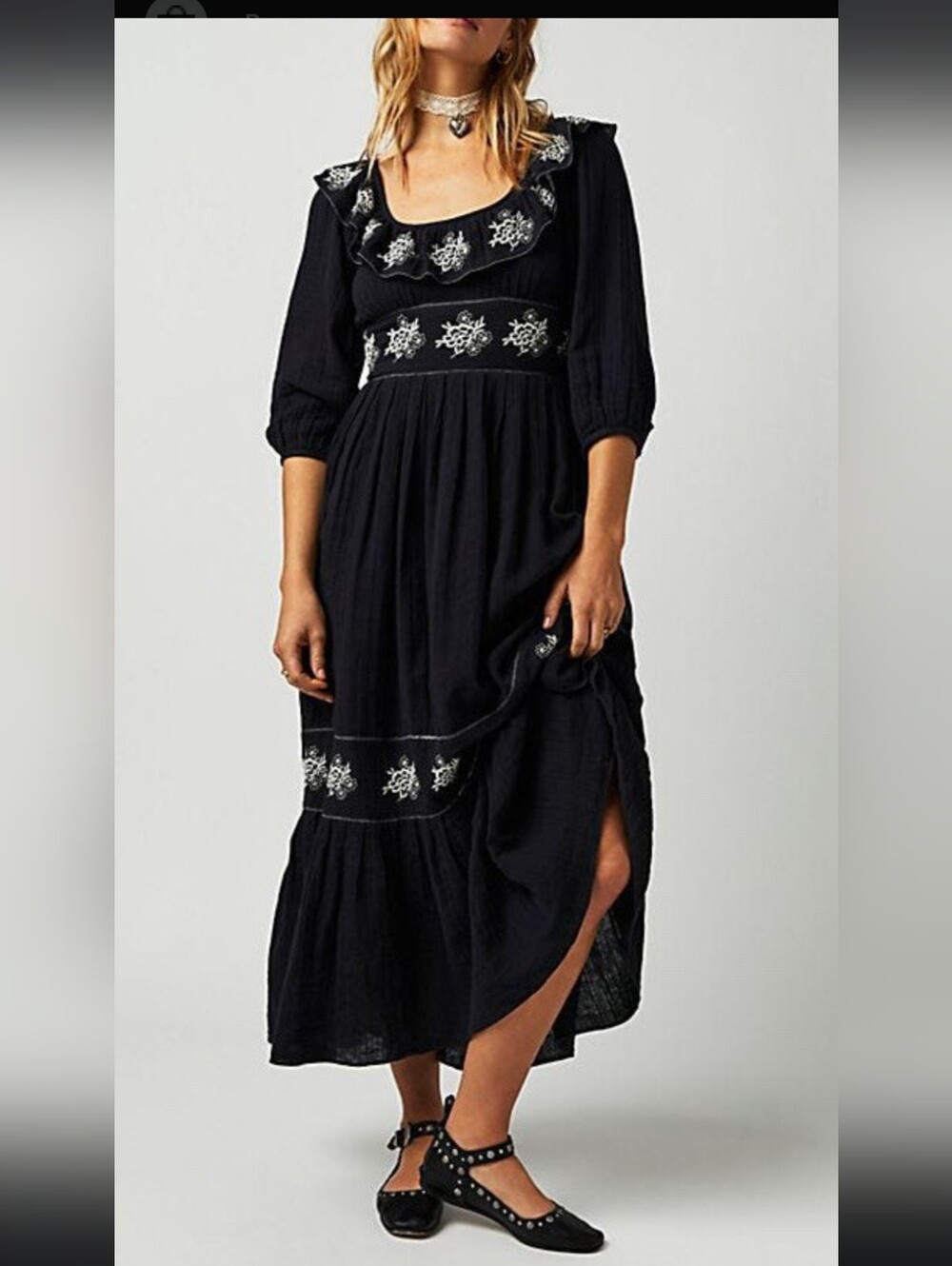 Free People Lovers Lane Size M Maxi Dress  Black Embroidered Tiered - Picture 3 of 14